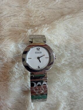 COACH Silver-Tone Signature Link Watch with White Dial